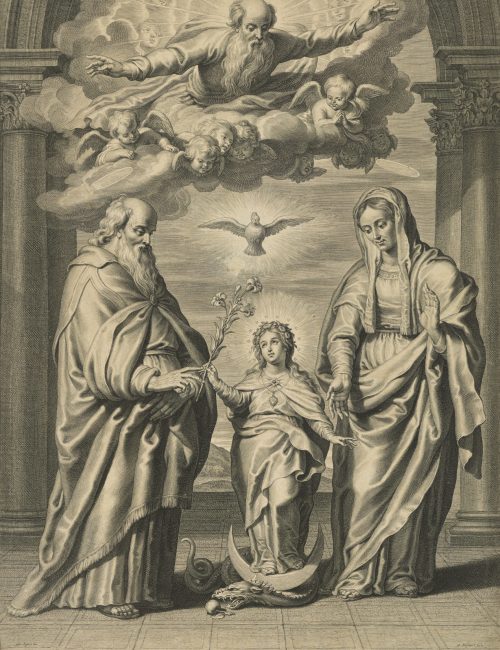 Mary offers the lily to her father, Saint Joachim