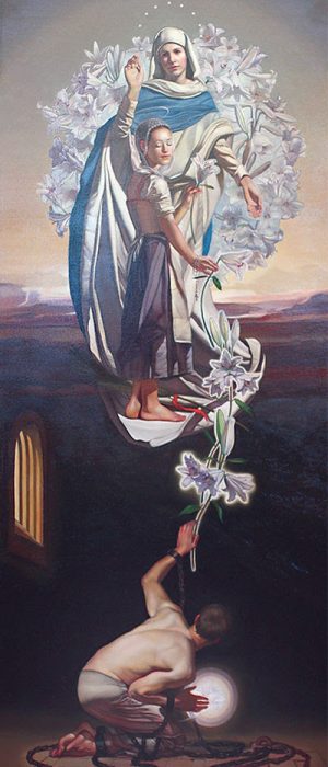 Saint Maria Goretti gifts the lily to her murderer, Alessandro Serenelli